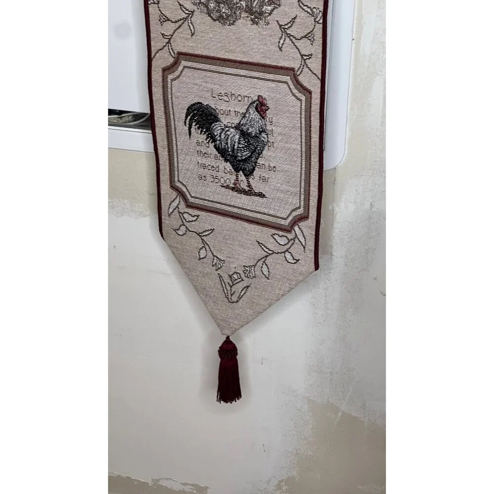 Rooster-Themed Decorative Tapestry Wall Hanging W/Burgundy Tassel Floral Borders
